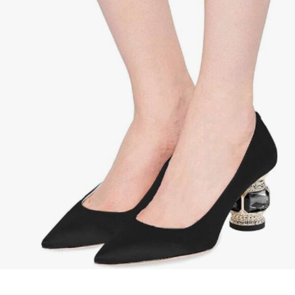 FSJ Black Bridal Pointed Toe Low Heel Crystal Pumps Slip on Wedding Comfort Shoe - Picture 1 of 8